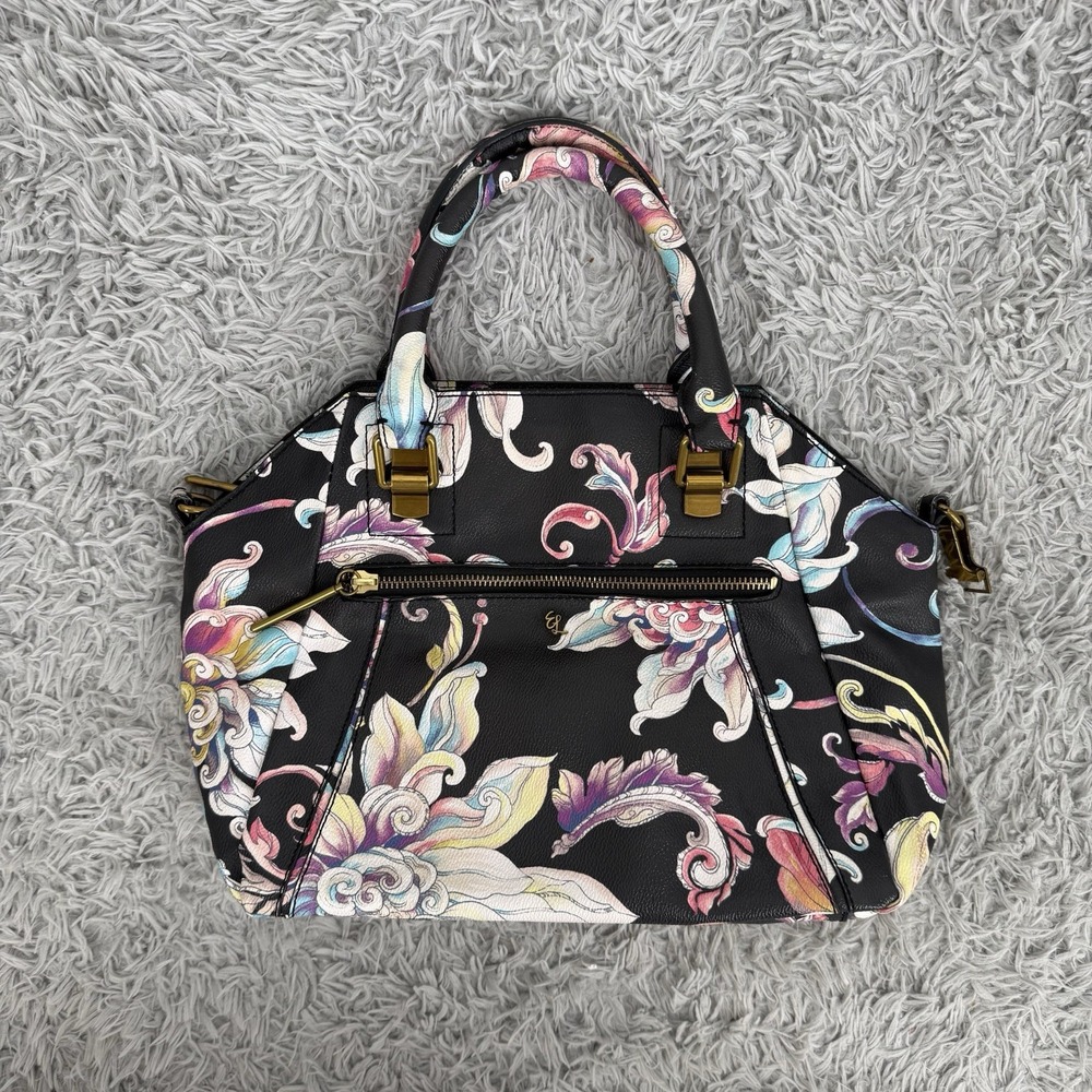 Elliott Lucca Black Handbag Floral Satchel Purse Gold Hardware Dual Handle